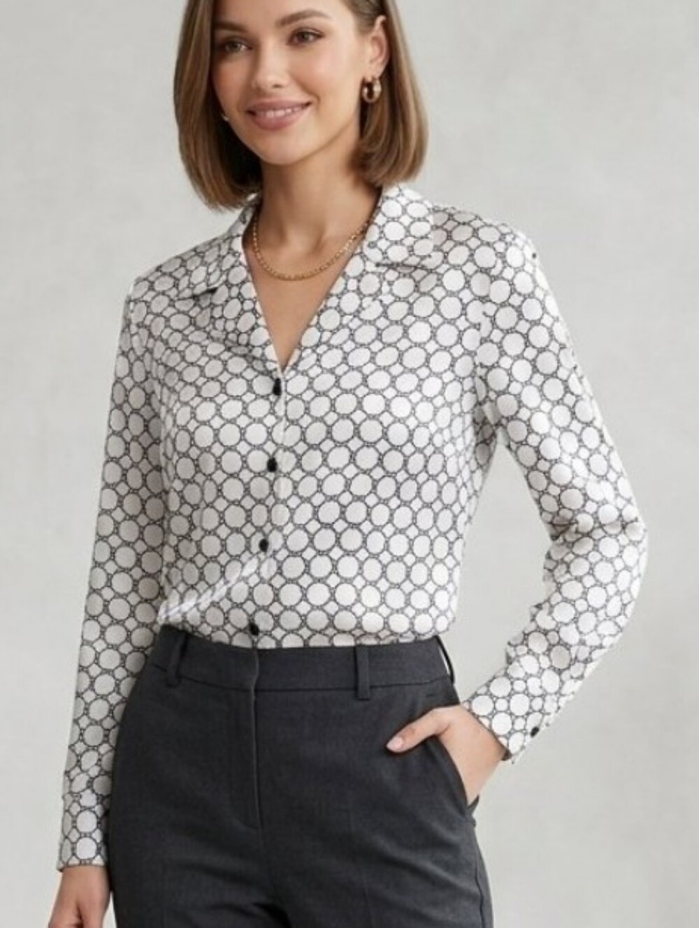 Jan Leslie White & Black Geometric Button-Down Silky Blouse Sz 12